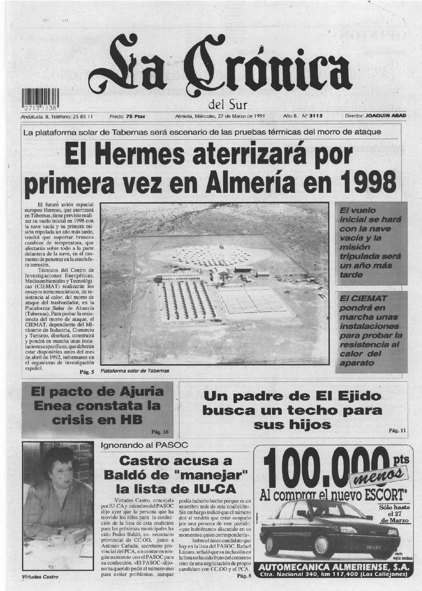El Hermes aterrizará por primera vez en Almería en 1998